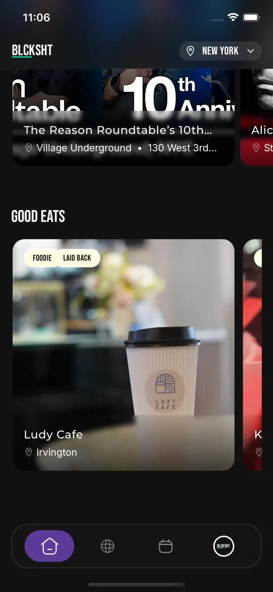 The Good Eats row on Home, showing a Black-owned café card tagged Foodie and Laid Back.
