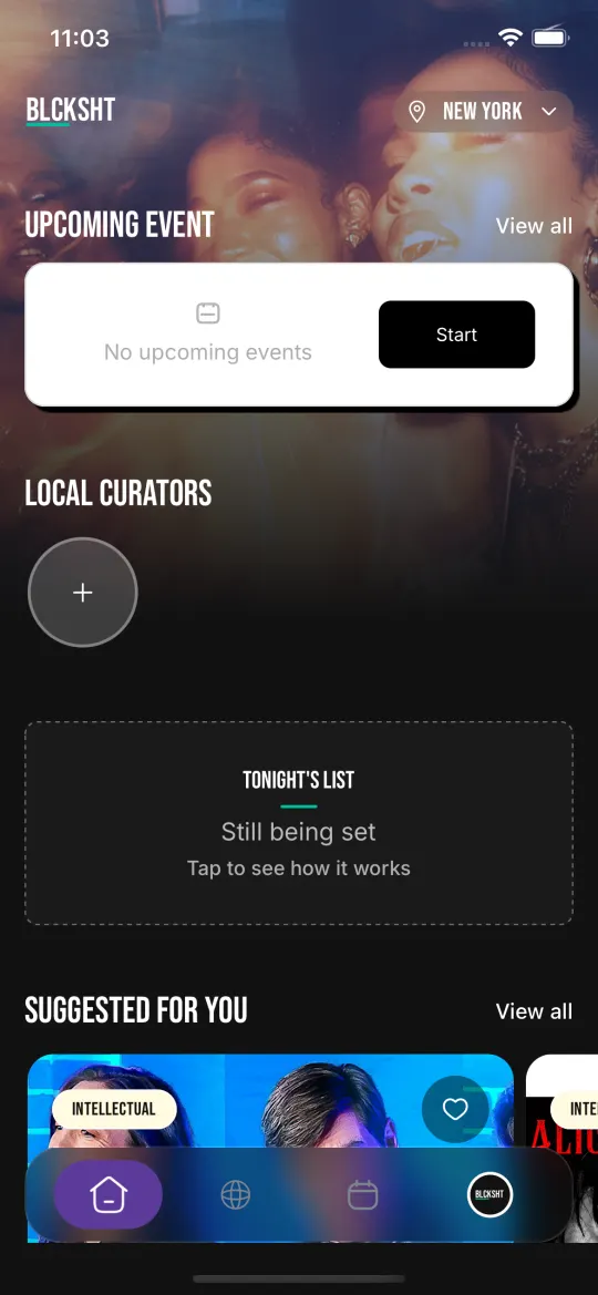 The BLCKSHT Home screen set to New York, with the city picker at the top.