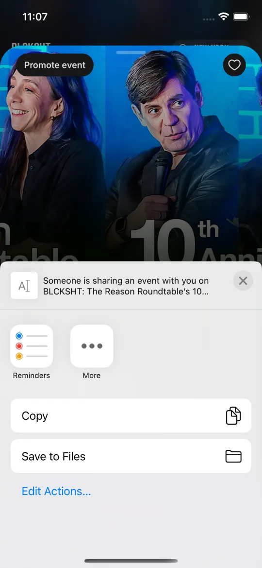 The share sheet open on an event, reading “Someone is sharing an event with you on BLCKSHT”.