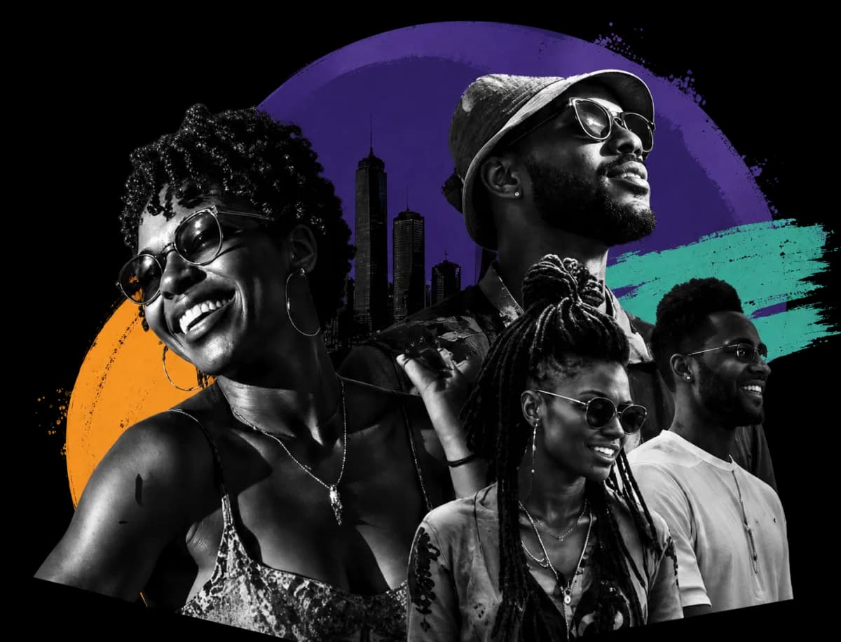 A collage of people out at cultural events, layered over painted colour shapes and a city skyline.